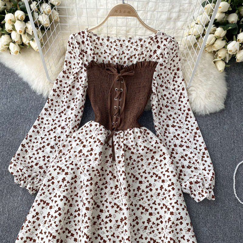 French sweet niche strap contrast color fake two-piece long-sleeved dress floral long skirt R2346