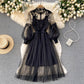 Three-dimensional flower mesh elegant stand-up collar lantern sleeve high waist suspender dress R2348