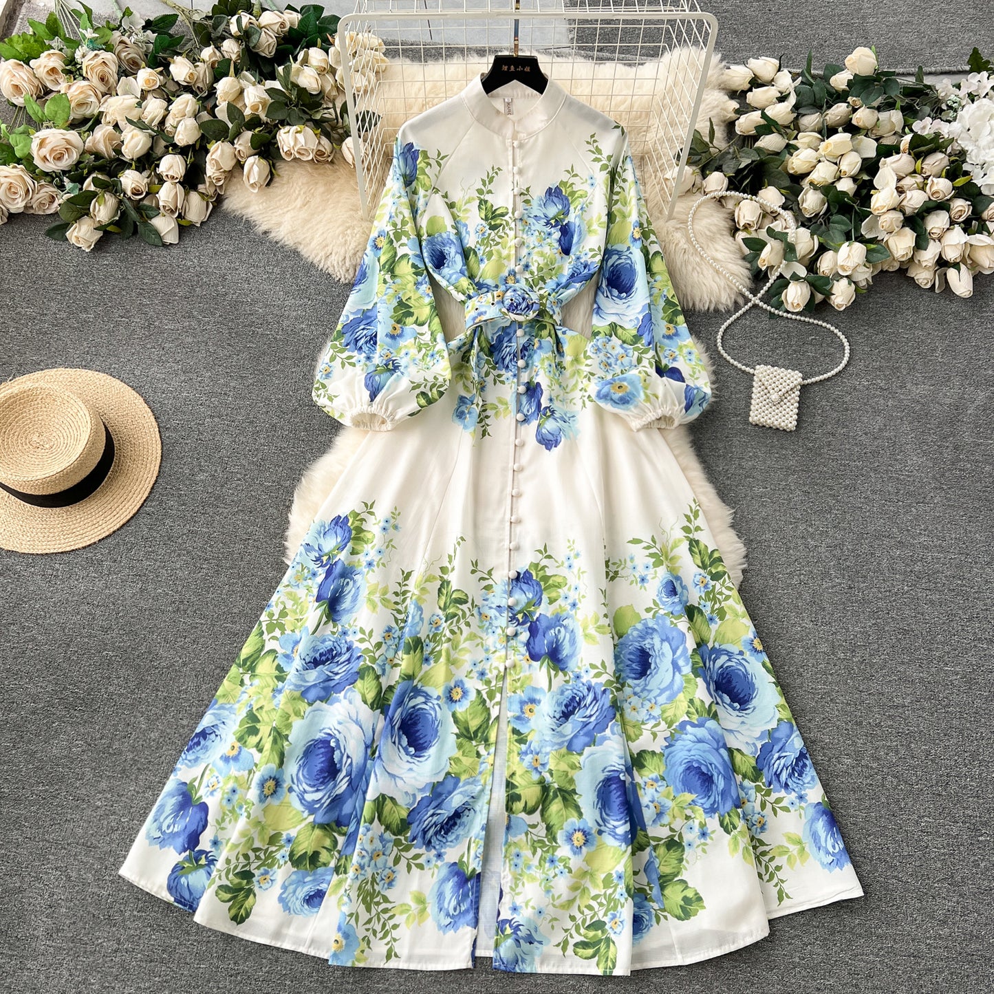Flower series 2025 new high-end printed slim-fitting long French puff sleeve temperament dress R2347
