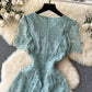 Retro round neck lotus leaf sleeve lace dress new style slim temperament elegant long skirt R2259