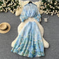 European and American style two-piece lantern sleeve button-down top high waist printed mesh skirt R2314