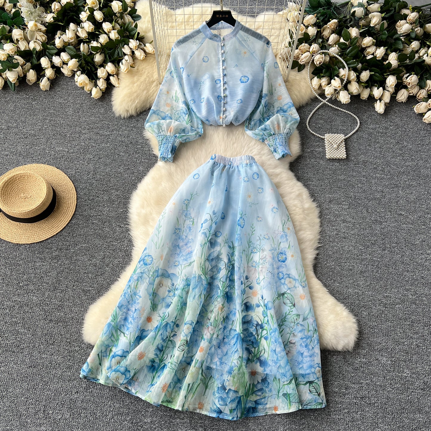 European and American style two-piece lantern sleeve button-down top high waist printed mesh skirt R2314