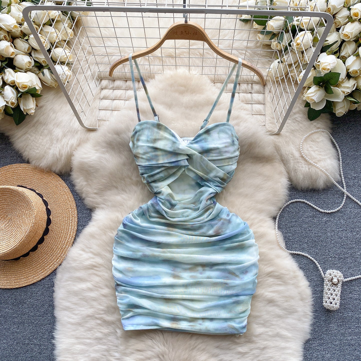 Sexy elastic mesh dress 2025 new pleated slim short sexy hip suspender skirt R2268