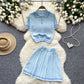 New versatile knit sweater two-piece suit short-sleeved top + high-waist pleated skirt R2305