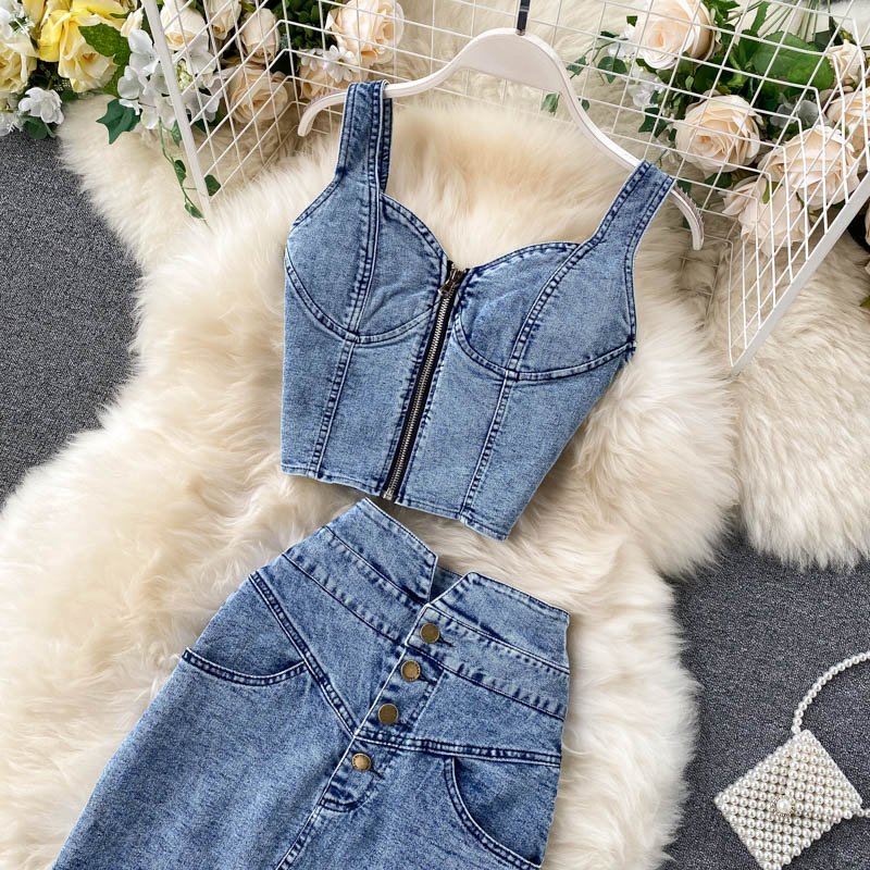 Women's suits 2025 new sexy short camisole high waist denim skirt trend R2273
