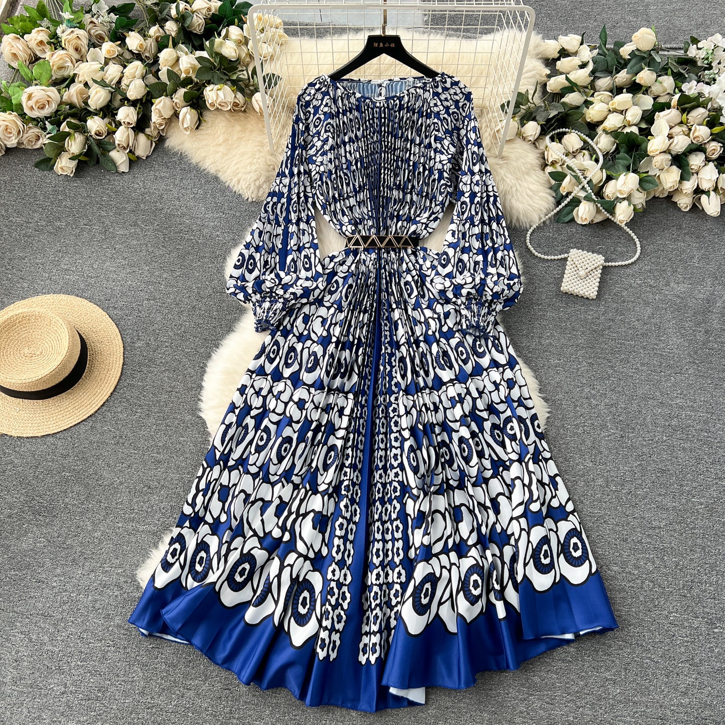 European and American style 2025 new dress printed pleated pleated waist tie holiday long skirt R2337