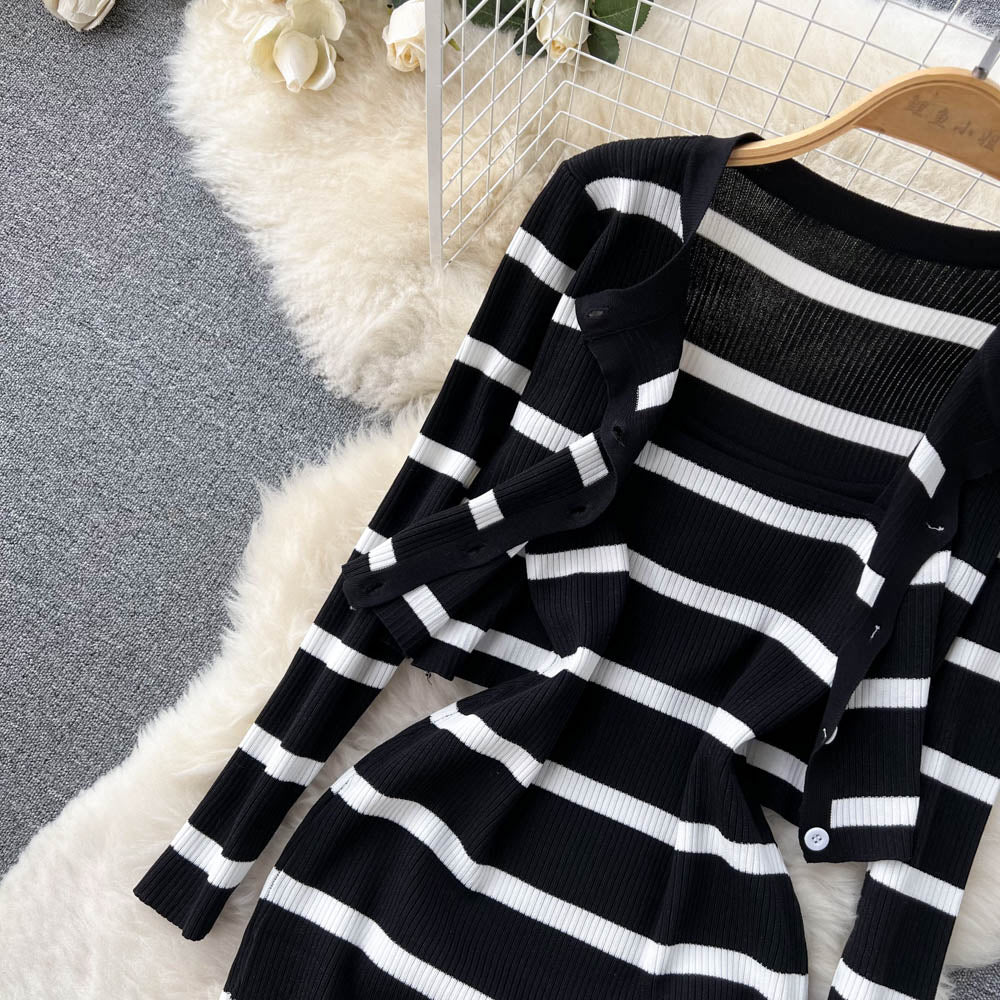 Pear-Shaped Body Two-Piece Suit Knitted Cardigan Jacket Striped Suspender Slim Fit Dress R2309
