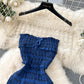 Sexy tube top plaid skirt sweet wood ear edge elastic slim long slit dress R2330
