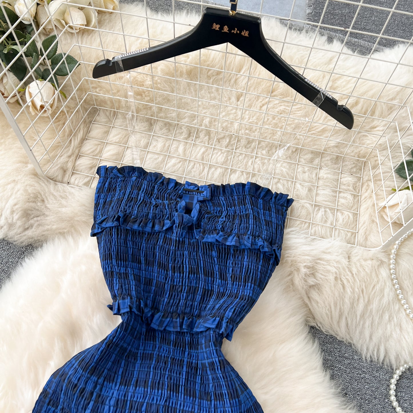 Sexy tube top plaid skirt sweet wood ear edge elastic slim long slit dress R2330