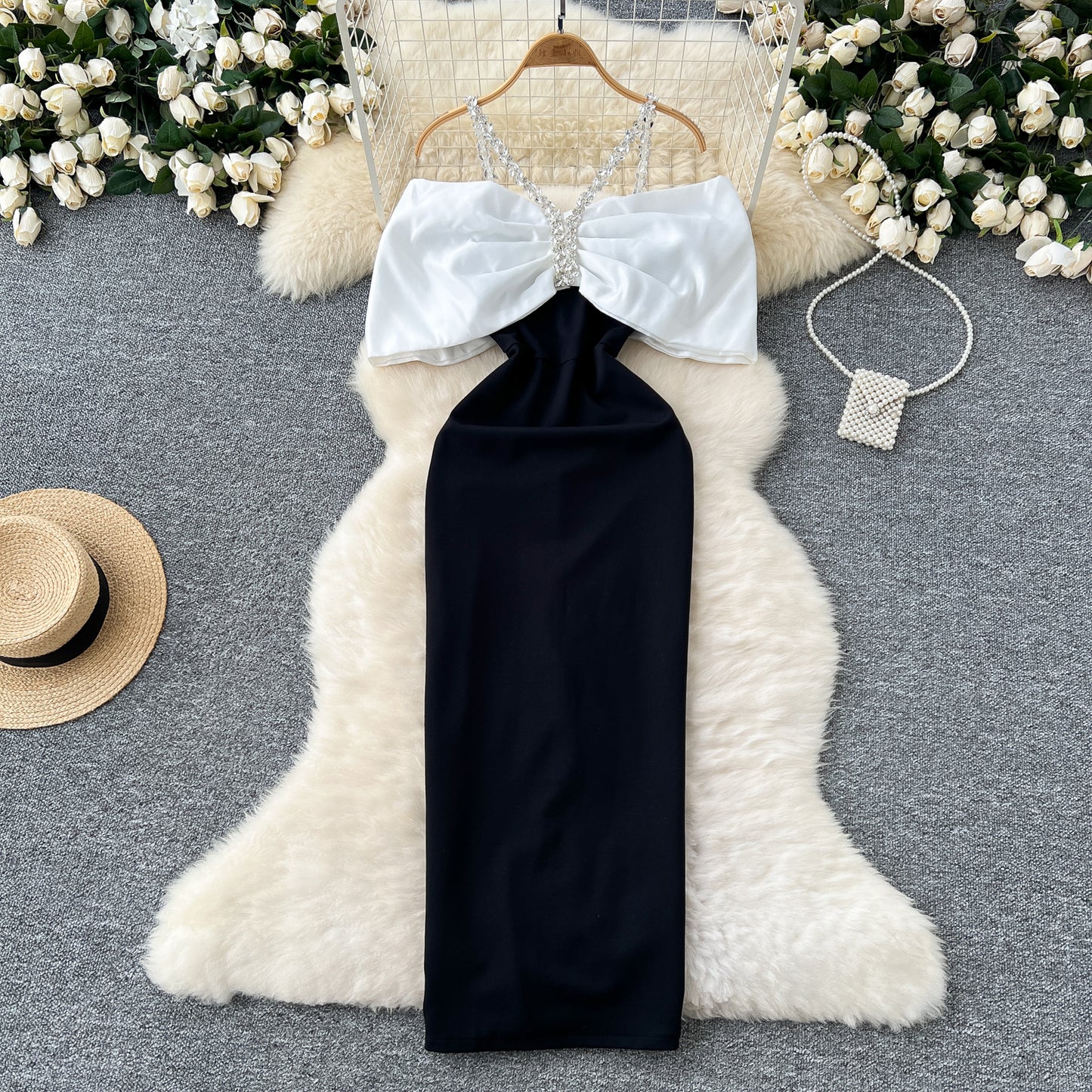 Evening dress high-end dress diamond-studded halter neck bow slim dress R2329