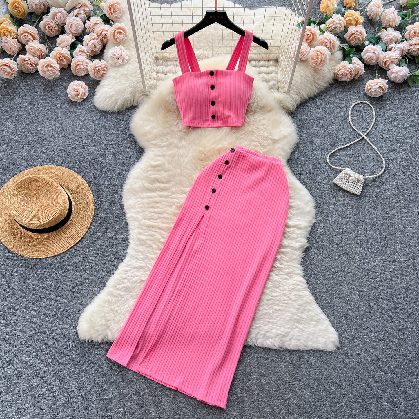 Small pure desire suit French short tube top camisole vest high waist slim slit skirt R2263