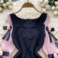 Small dress French high-end three-dimensional flower lantern sleeves waist slimming A-line dress R2319