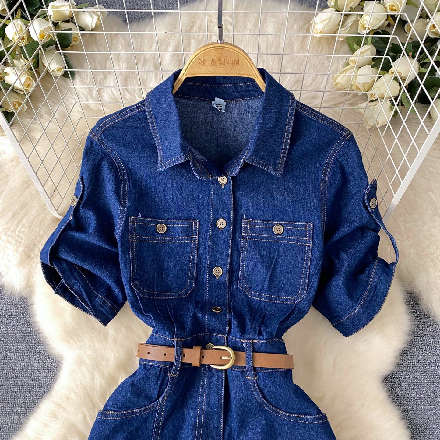 Light luxury high-end Polo collar denim dress split waist belt design niche long skirt R2333