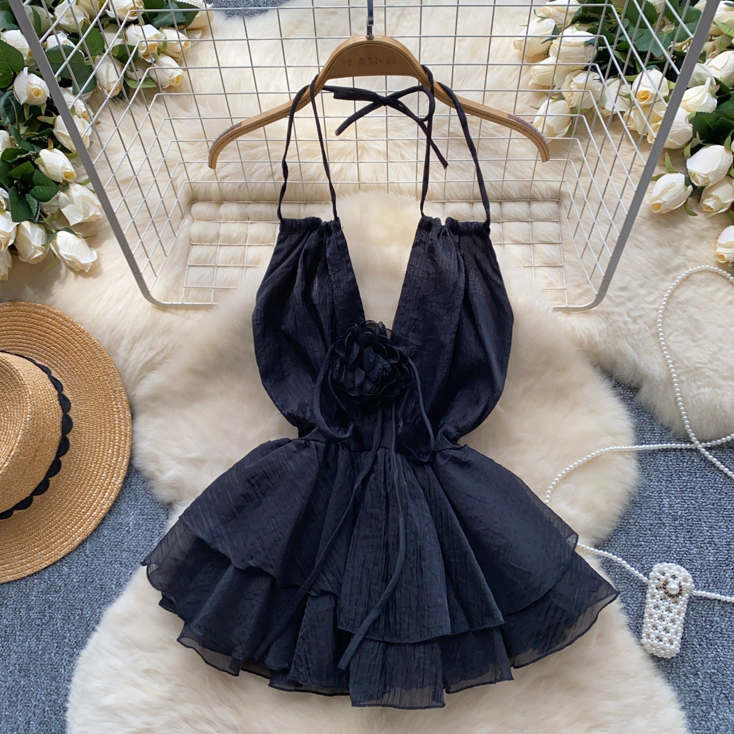 French style pure sexy hollow halter neck lace-up three-dimensional flower waist vest R2335