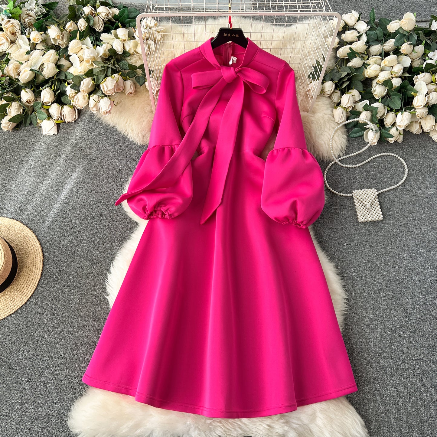 European and American high-end party dress bow tie lantern long sleeve waist big swing dress R2351
