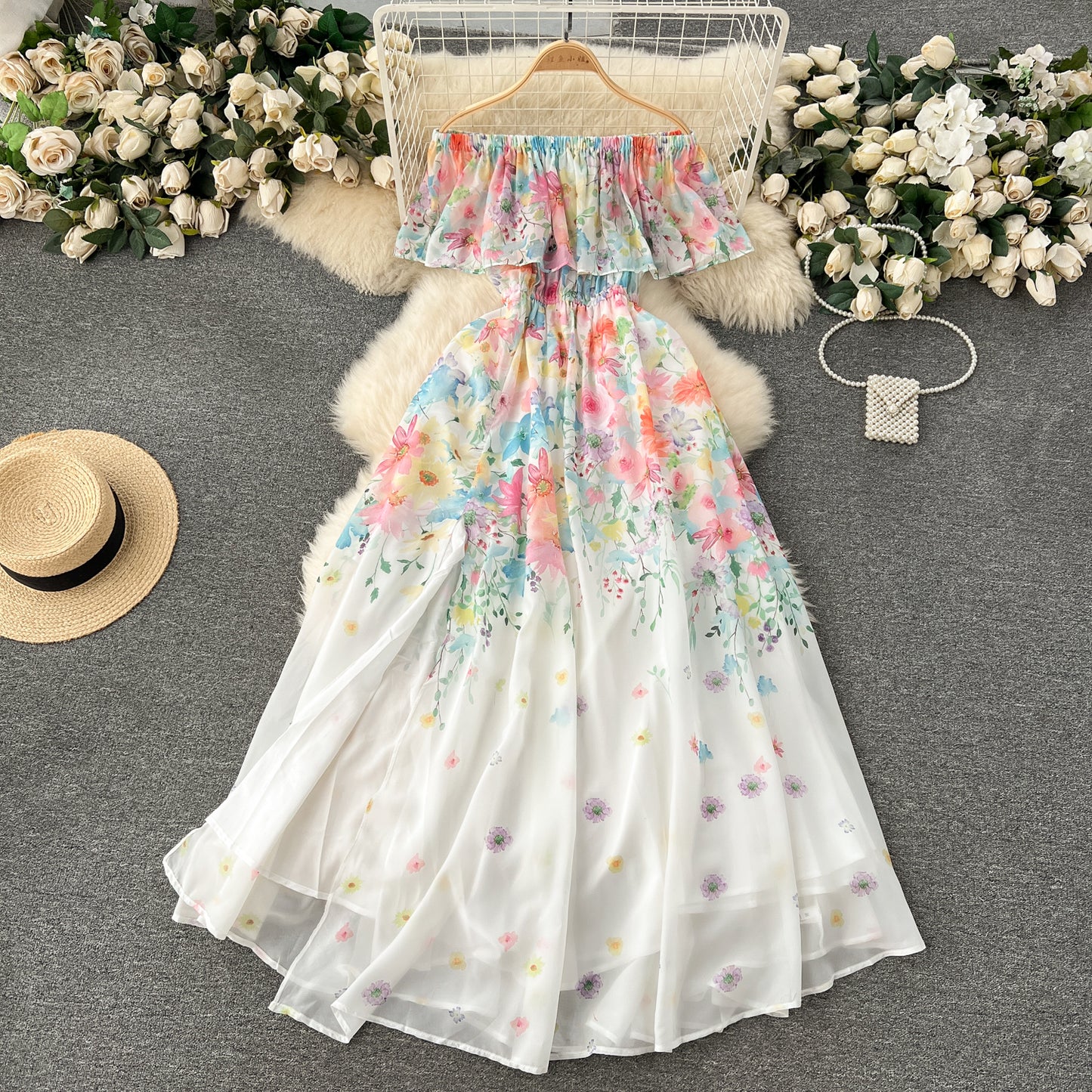 2025 New Flower Series Holiday Dress Ruffled One Shoulder Slim Long Fairy Dress R2321