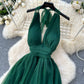 Elegant dress French style deep V-neck halter neck strap waist slit backless holiday long dress R2264