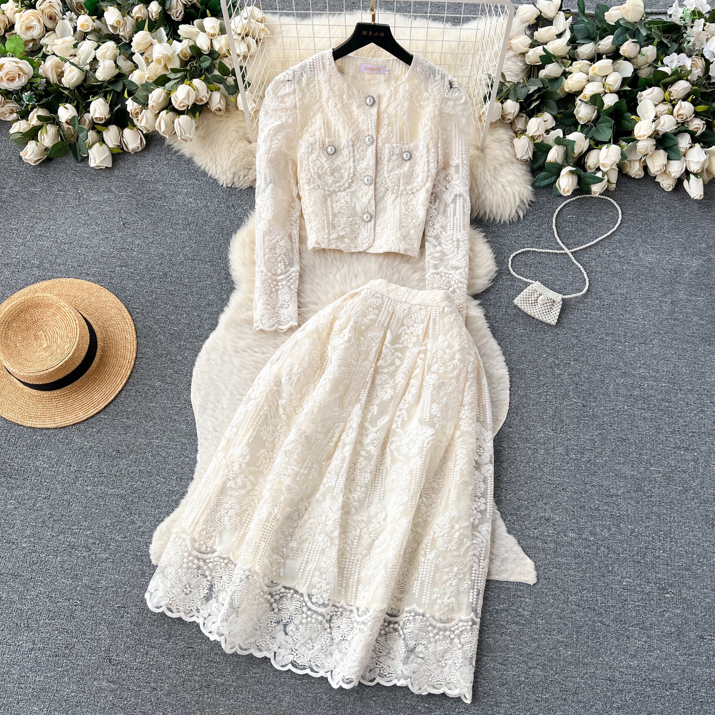Chanel style suit short round neck puff sleeve lace top high waist wide skirt two-piece suit R2323