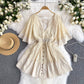 Holiday style 2025 new niche sexy deep V-neck lace patchwork waist flared sleeve dress R2269