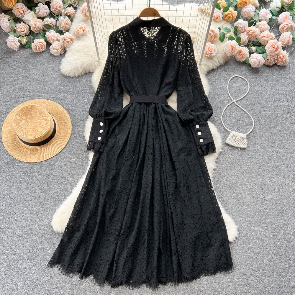 New style lapel heavy hook flower hollow French lace dress sexy long skirt R2306