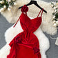 Red dress French retro velvet toast dress sexy heavy three-dimensional flower slit dress R2316