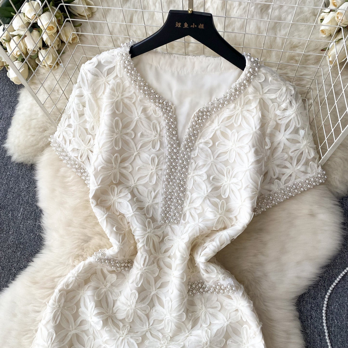 French beaded lace hook flower short sleeve dress high waist slim temperament short skirt R2276