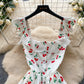 French style square collar, small flying sleeves, slim waist, single-breasted cherry print dress R2339