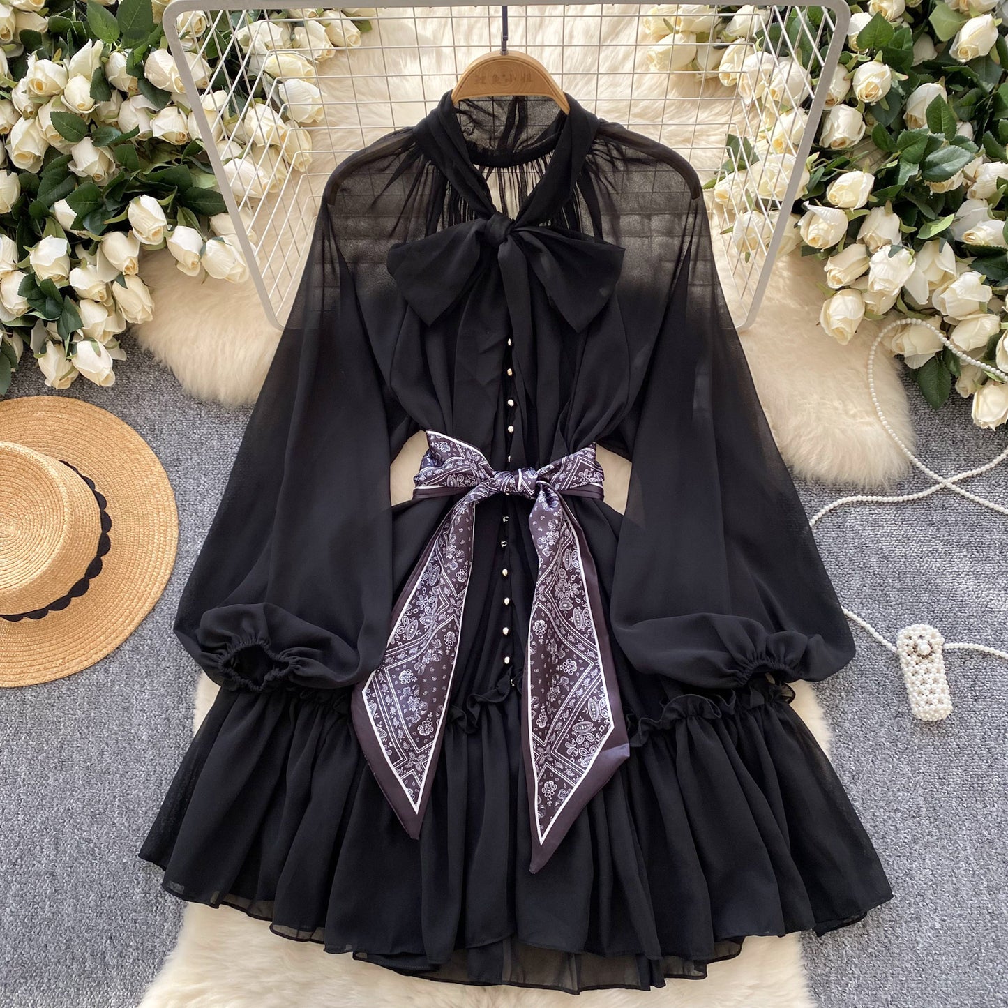 European and American niche dress with silk scarf and waist-hugging lantern sleeves A-line short skirt R2278