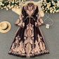 New ethnic style stand-up collar trumpet sleeves printed dress waist knee-length skirt R2334