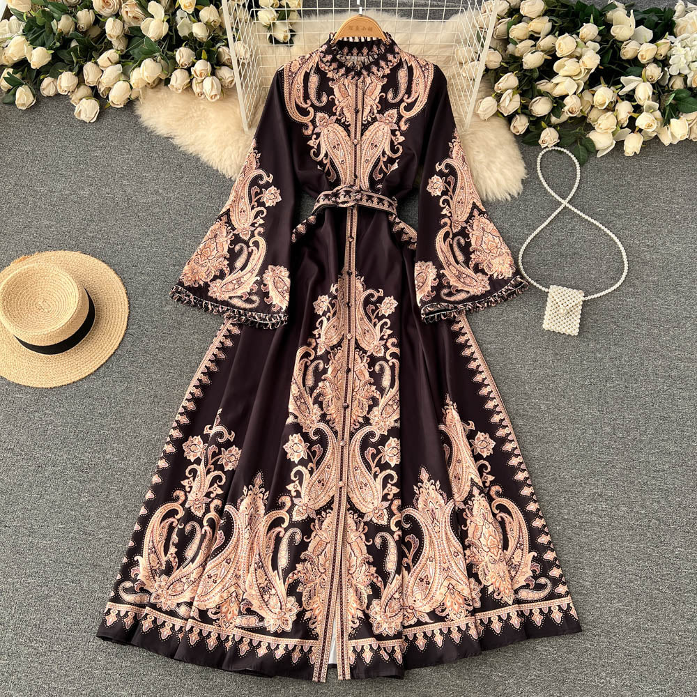 New ethnic style stand-up collar trumpet sleeves printed dress waist knee-length skirt R2334