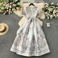 Retro palace style dress with printed straps and waisted long French puff sleeves R2312
