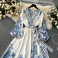 European and American palace style printed V-neck lantern long sleeve tie waist wide swing dress R2307