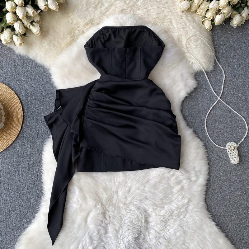 Sexy pure desire style irregular ruffled tube top dress temperament Hepburn style evening dress R2298