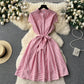 French style short-sleeved striped dress with bow tie waist A-line slim temperament shirt skirt R2297
