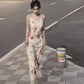 Floral suspender dress Slim fit temperament waist hip long skirt R0607