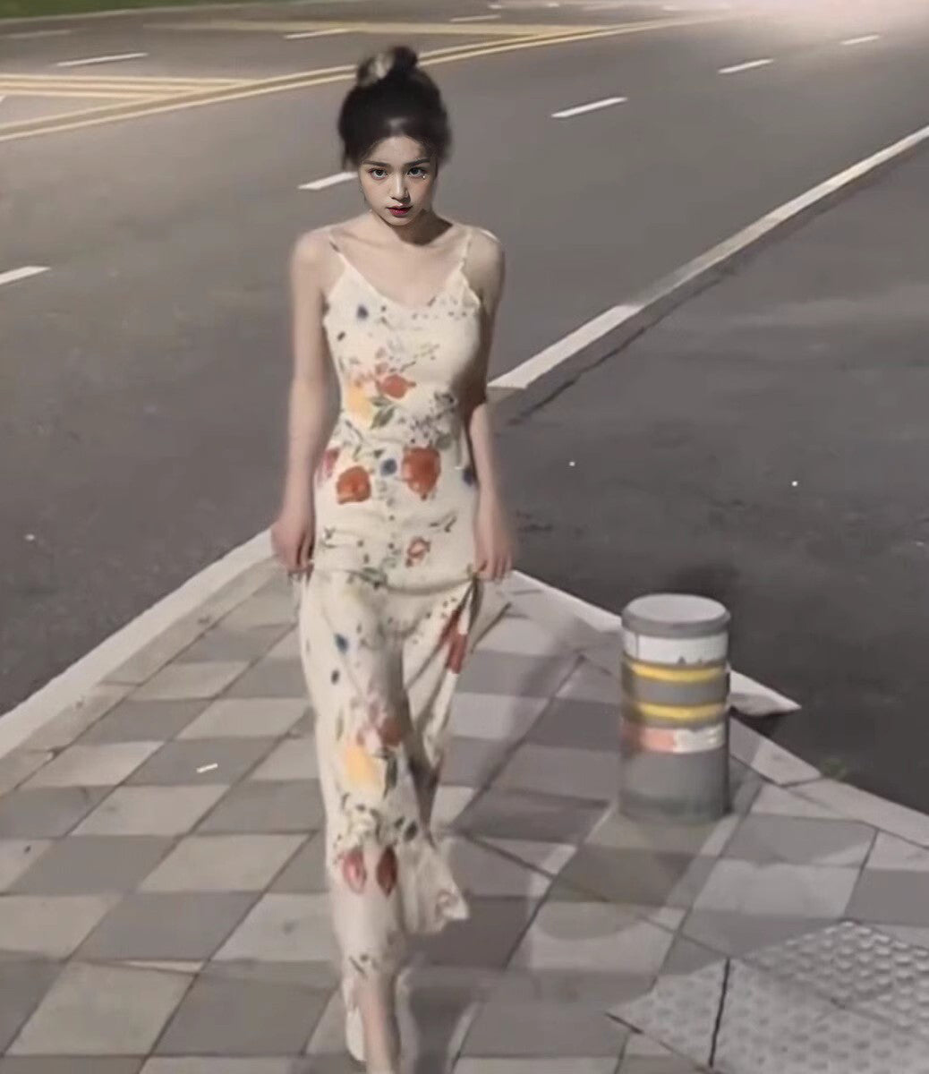 Floral suspender dress Slim fit temperament waist hip long skirt R0607