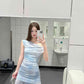 Blue floral mesh one-shoulder dress with gentle temperament and beautiful waist R0608
