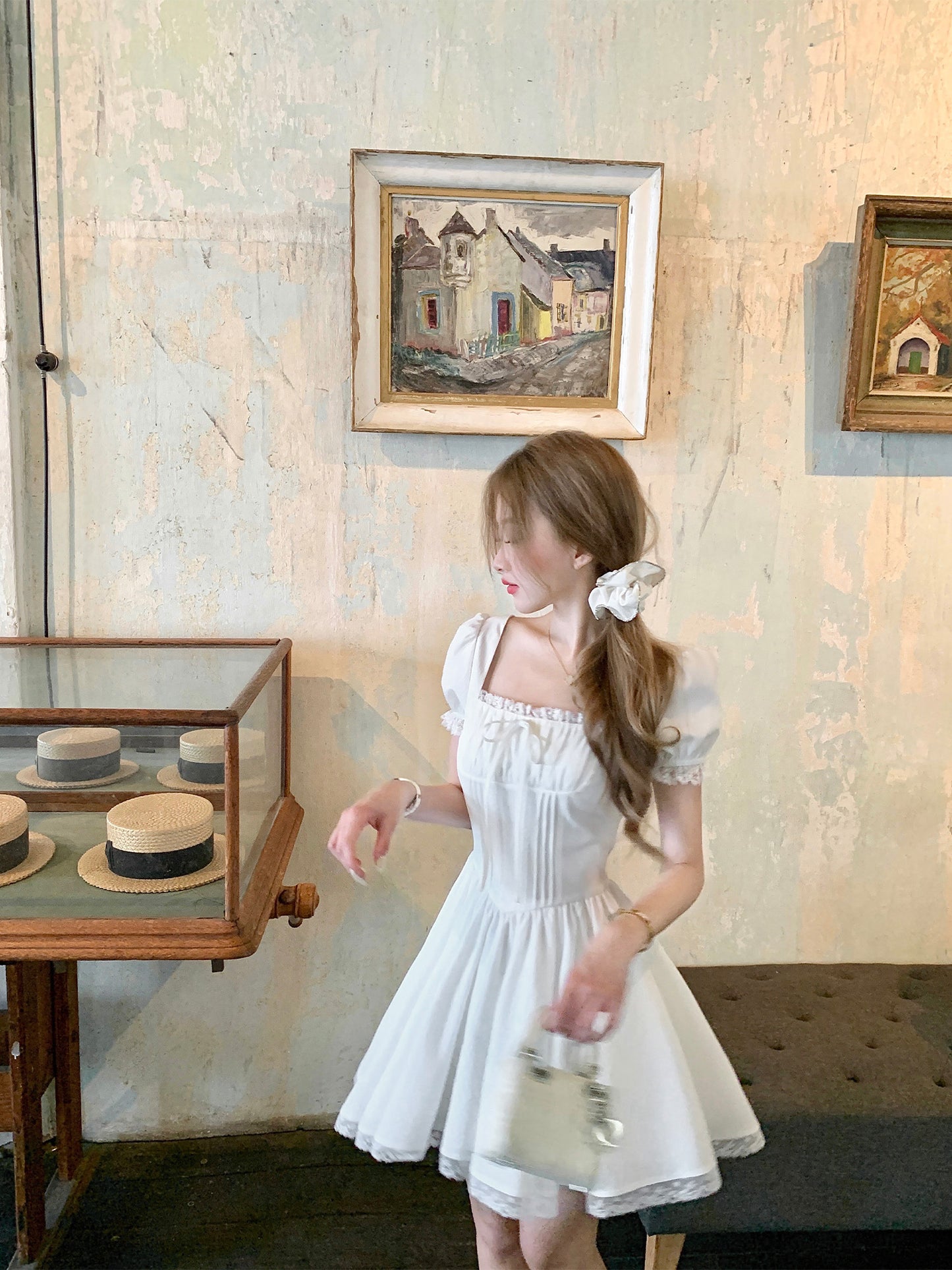 French style little white dress for girls, slim fit, heavy work dress, new summer style R3912