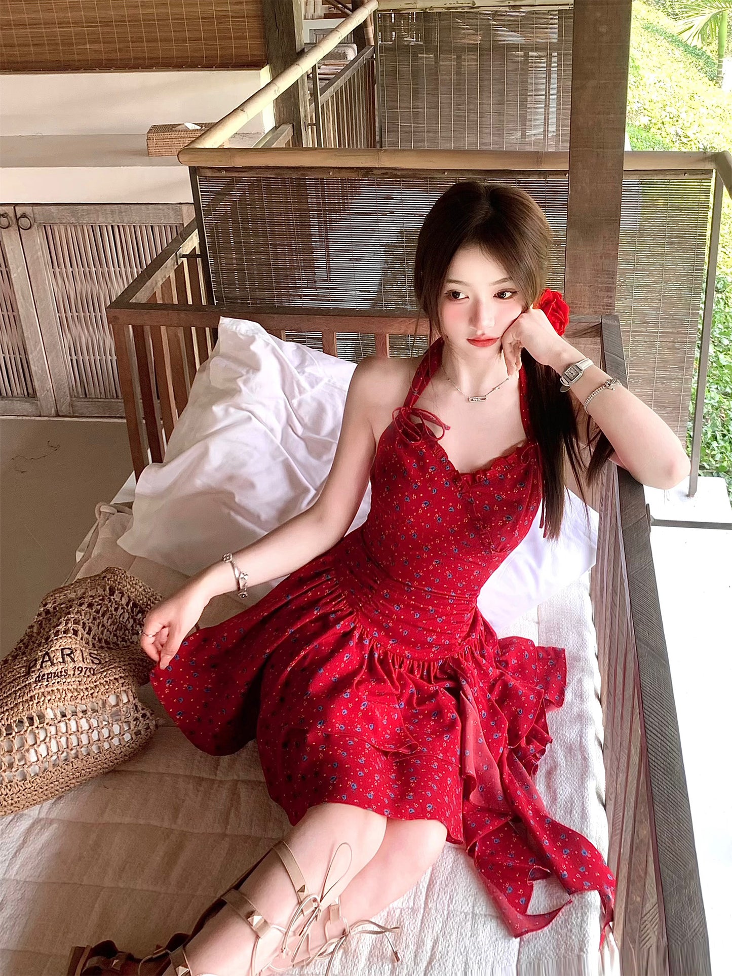 Summer waist slimming temperament red floral holiday halter neck slim dress for women R3914