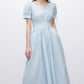 Summer new solid color high waist V-neck puff sleeve waist slimming midi dress for women R3947
