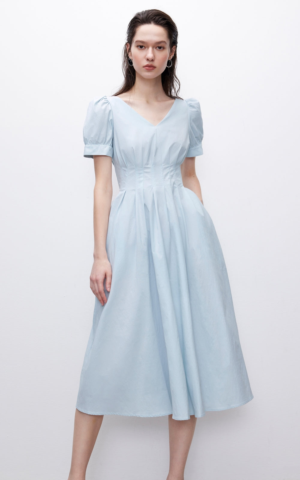 Summer new solid color high waist V-neck puff sleeve waist slimming midi dress for women R3947