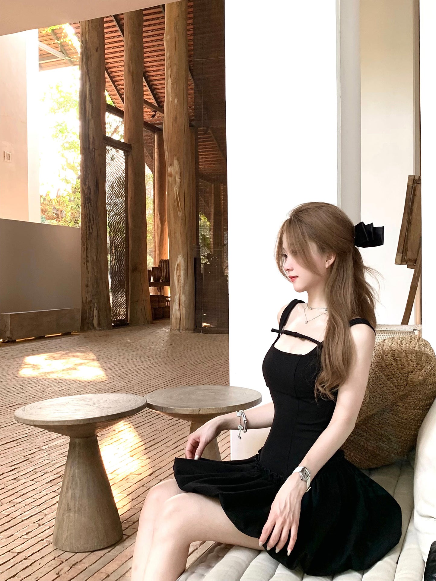 Flower bud vest little black dress waist slimming French Hepburn dress women's summer R3913