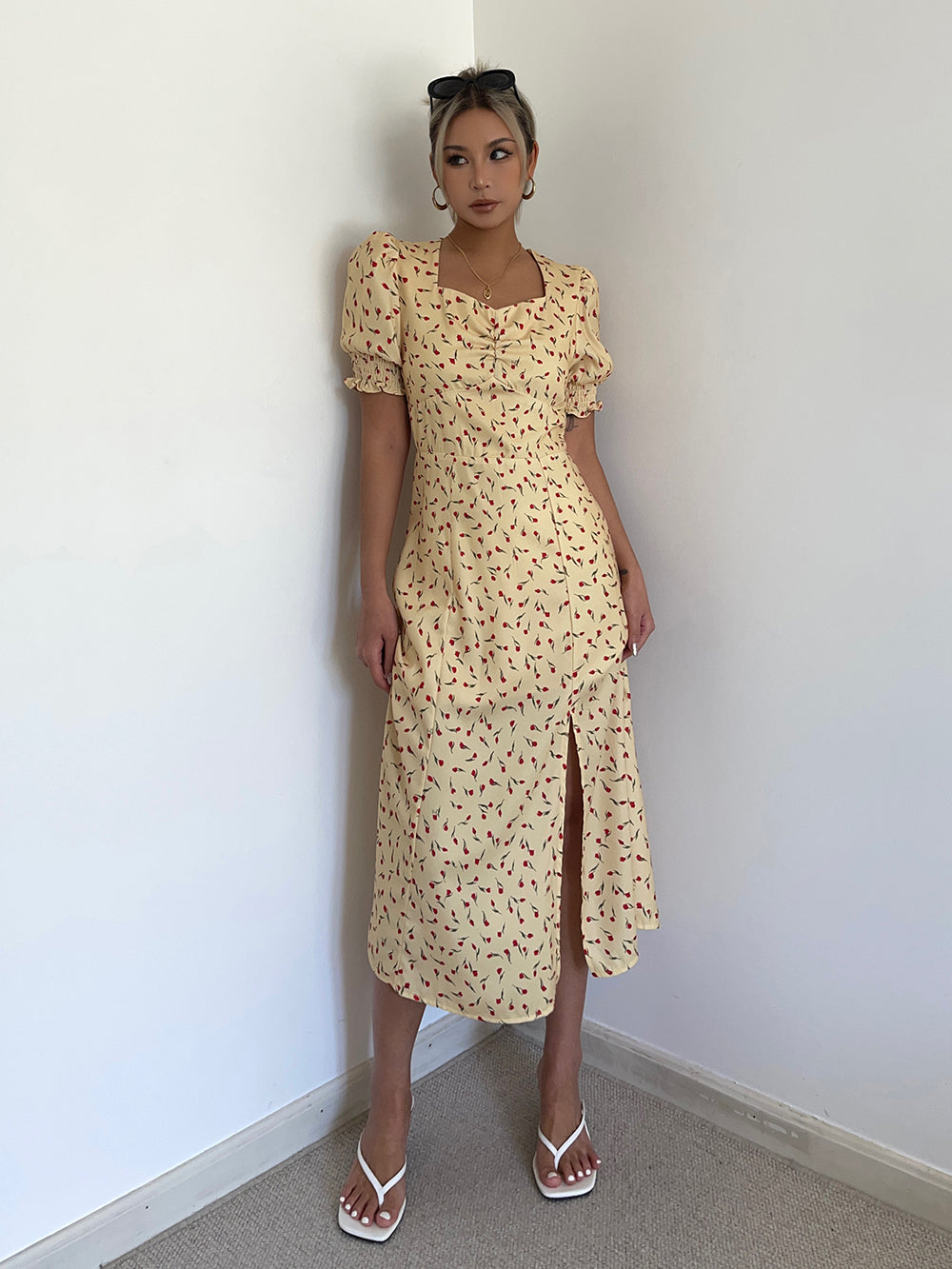 New French style sweet or salty square collar slit yellow floral dress women's summer long skirt R3091