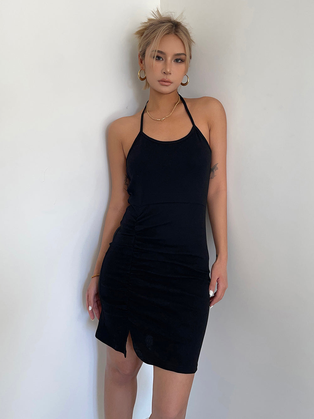 Hot girl style halter neck straps pleated slit slim suspender skirt holiday style hip skirt dress R3086