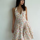 French pastoral style retro V-neck small floral print halter dress sexy backless puffy short skirt R3087
