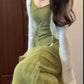 Gentle temperament green suspender dress retro beautiful waist slim a-line long skirt R0704