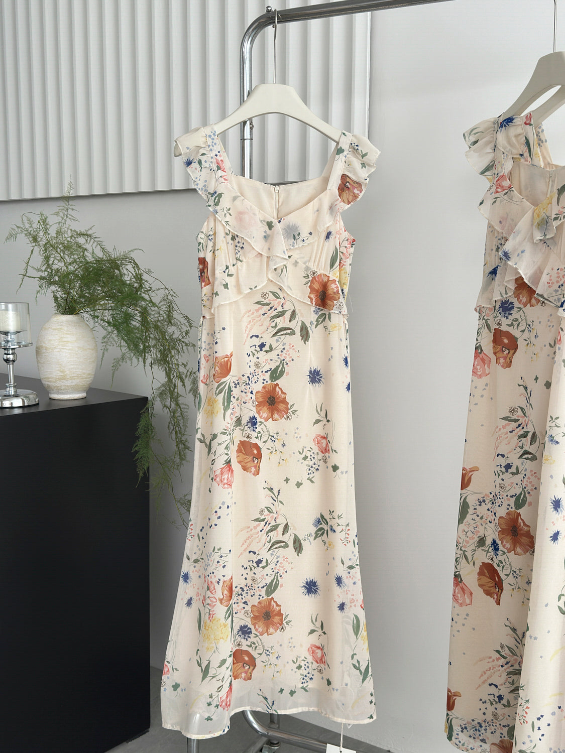 Chiffon Ruffle Print Flying Sleeves Dress Midi Sleeveless Fishtail Skirt R2113