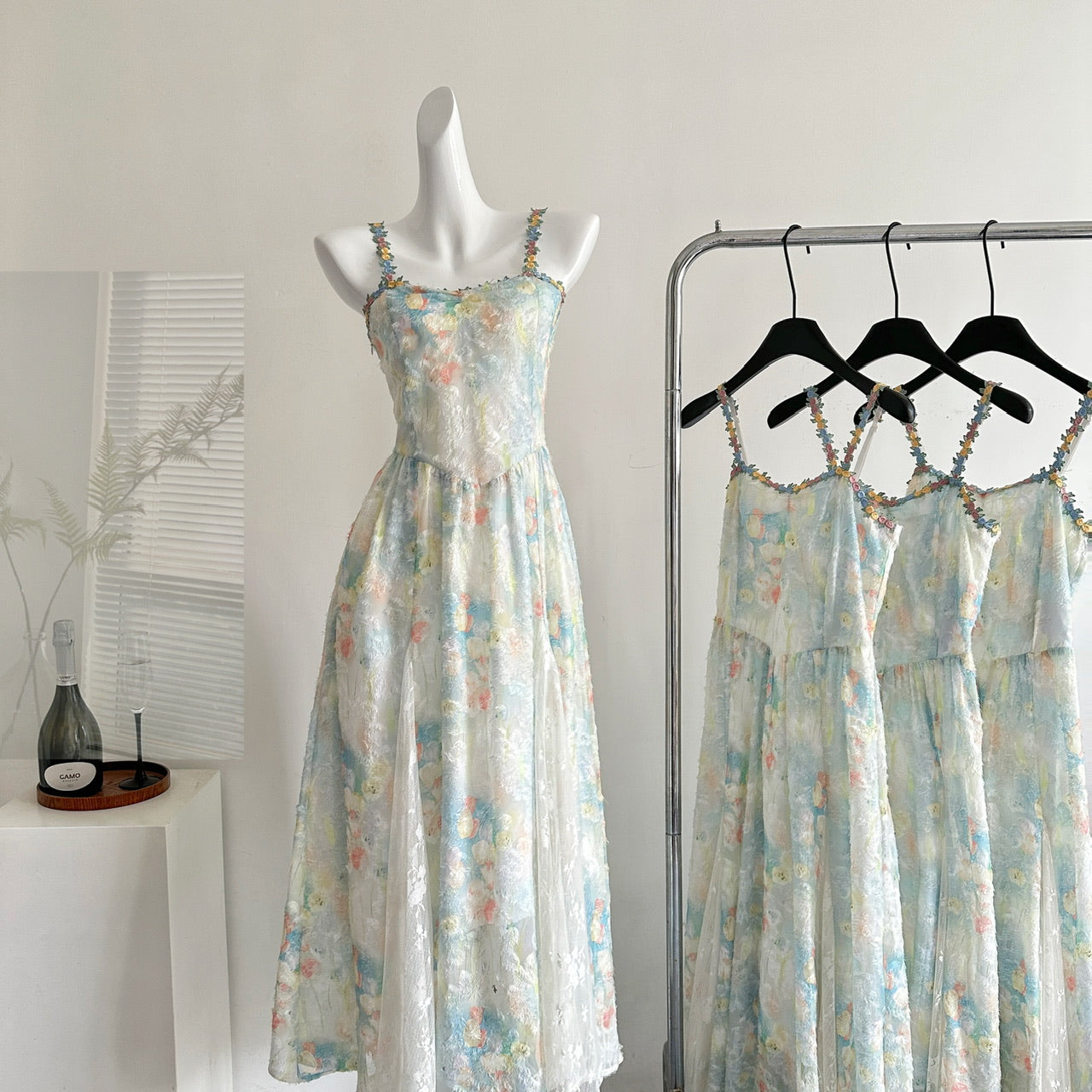 Monet Garden French suspenders floral summer new long skirt travel clothes R2117