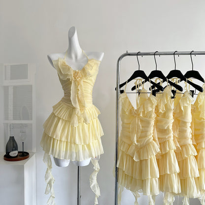 French temperament ruffled sling dress summer new irregular chiffon cake skirt R2115