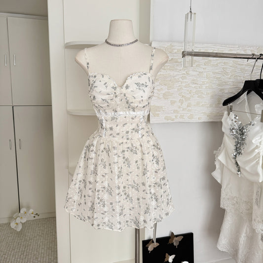 Ballet apricot floral suspender dress gentle short skirt R2116